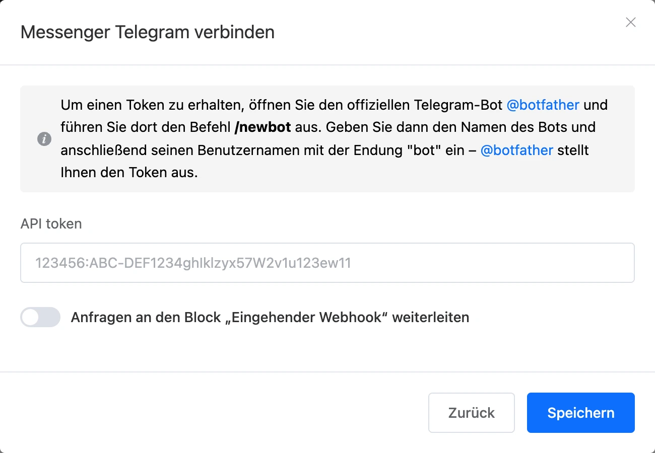 Fenster zur Verbindung mit Telegram mit dem Feld für den Token
