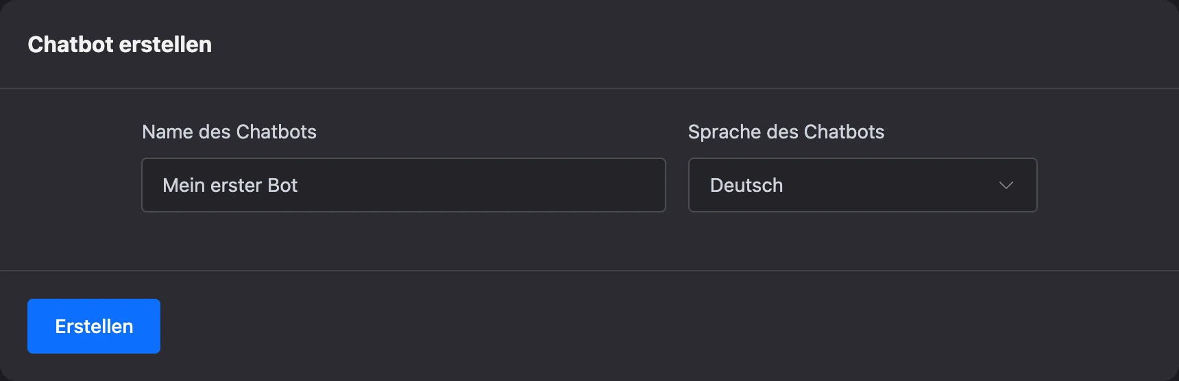 Formular zum Erstellen eines Bots: Name und Sprache
