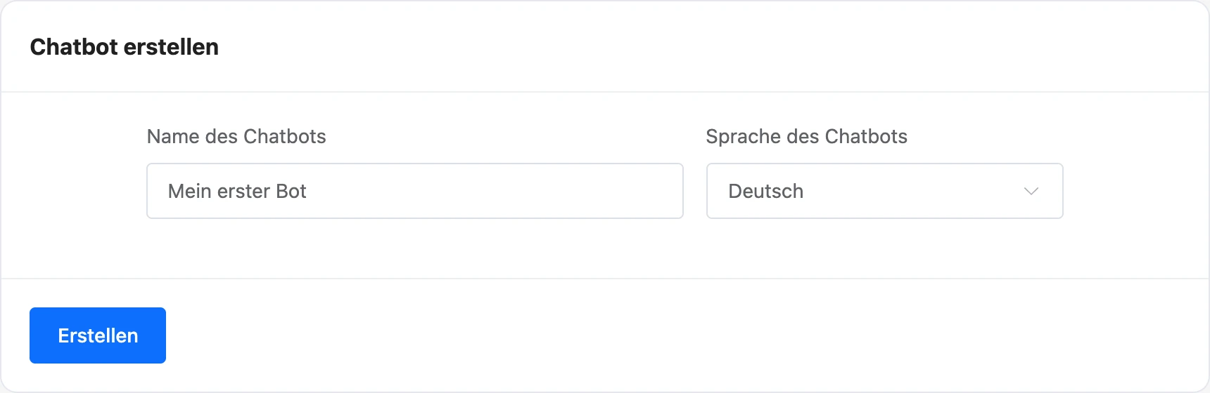 Formular zum Erstellen eines Bots: Name und Sprache
