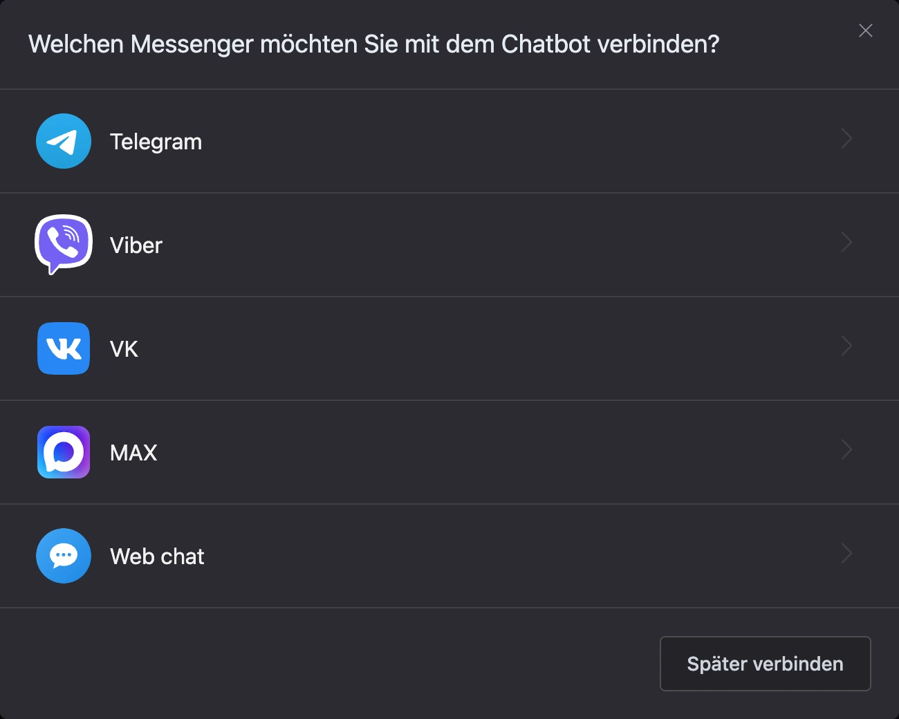 Fenster zur Messenger-Auswahl mit dem Button „Später verbinden“