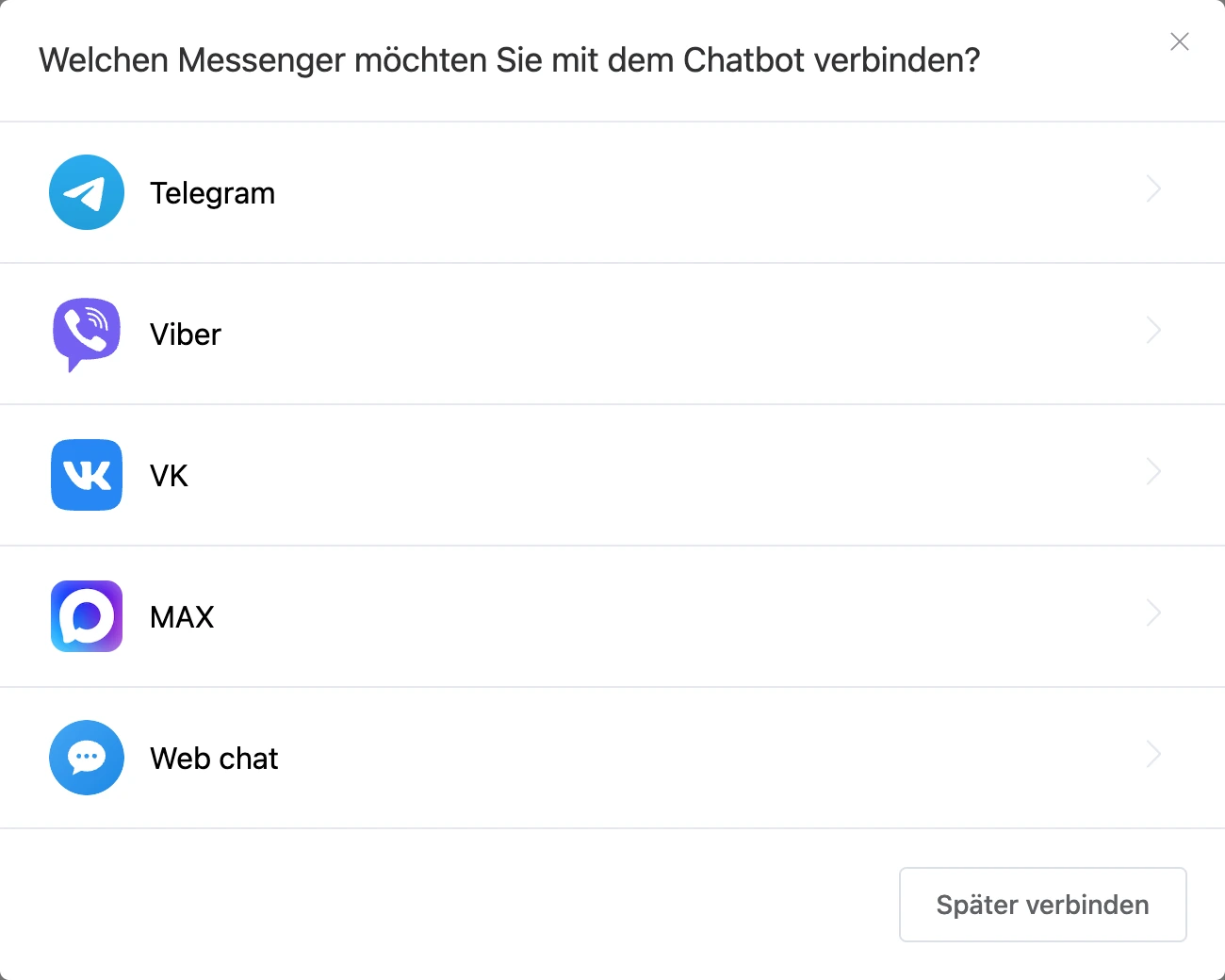 Fenster zur Messenger-Auswahl mit dem Button „Später verbinden“