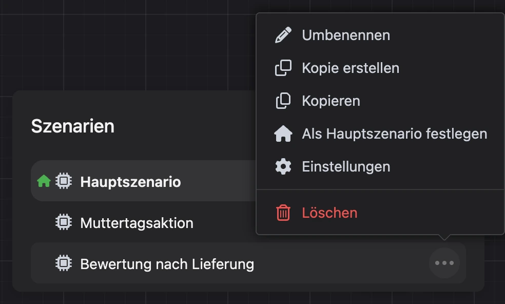 Das Fenster „Szenarien“: Das Menü eines Szenarios ist geöffnet, unten „Löschen“