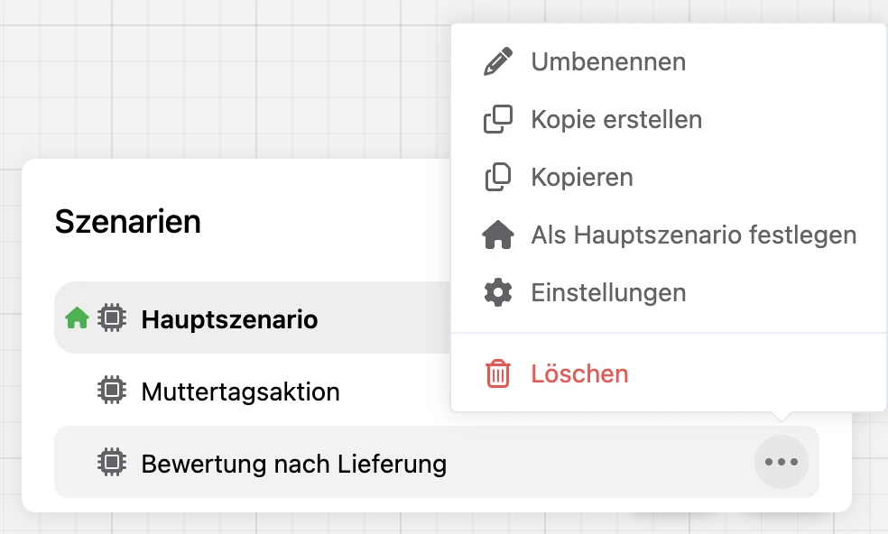 Das Fenster „Szenarien“: Das Menü eines Szenarios ist geöffnet, unten „Löschen“