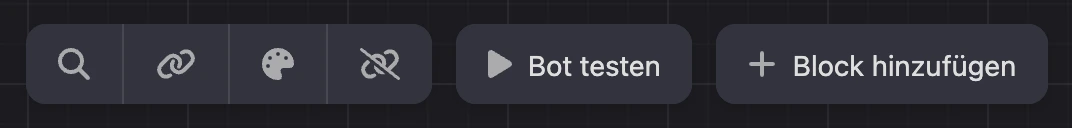 Obere Leiste des Baukastens: Suche, Messenger, Darstellung, „Bot testen“ und „Block hinzufügen“