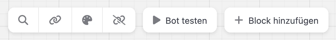 Obere Leiste des Baukastens: Suche, Messenger, Darstellung, „Bot testen“ und „Block hinzufügen“