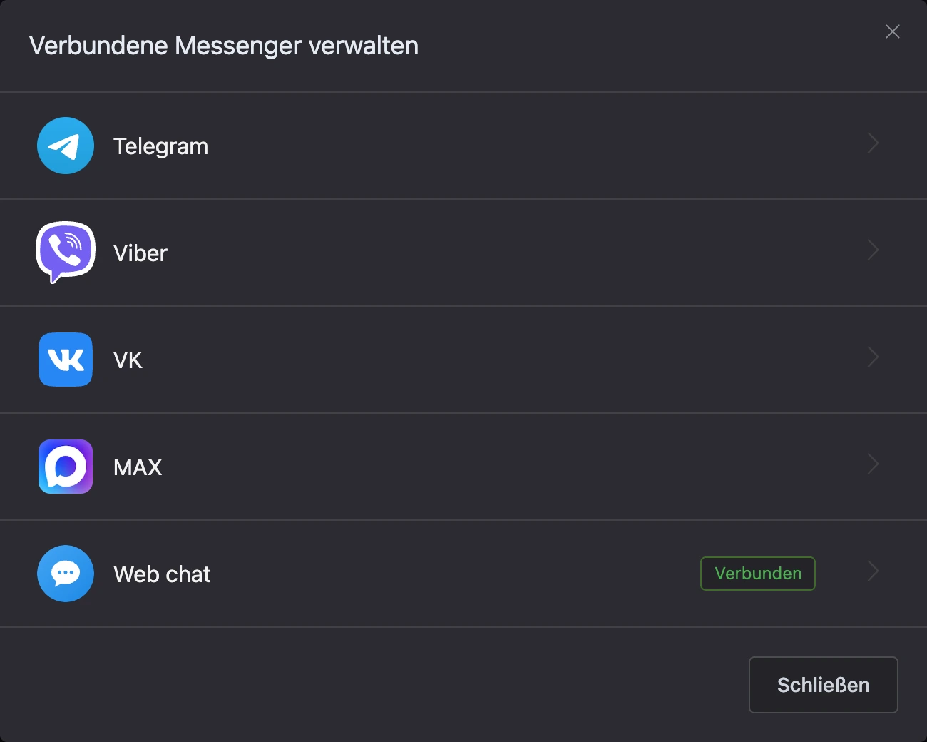 Liste der Kanäle des Bots: Ein verbundener Kanal trägt die Markierung „Verbunden“