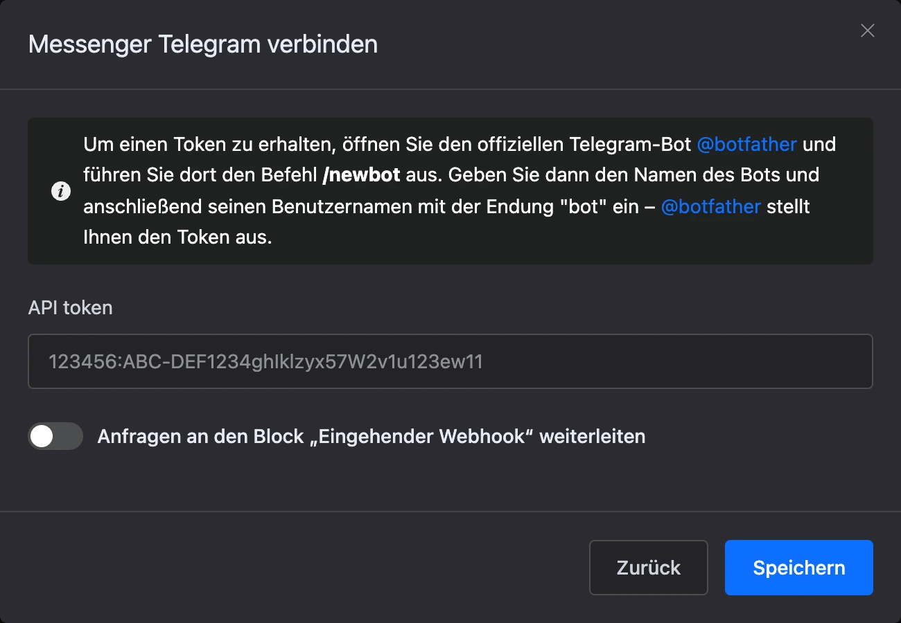 Fenster zur Verbindung mit Telegram mit dem Feld „API token“