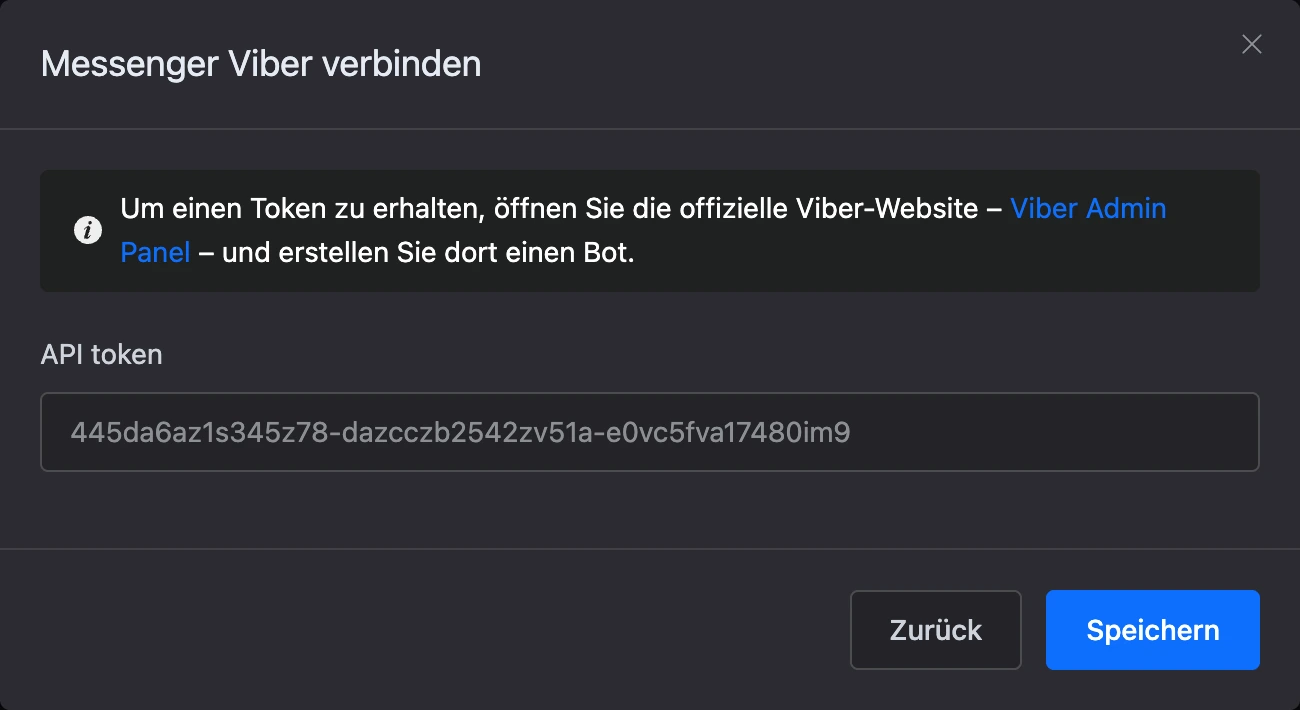 Fenster zur Verbindung mit Viber mit dem Feld „API token“