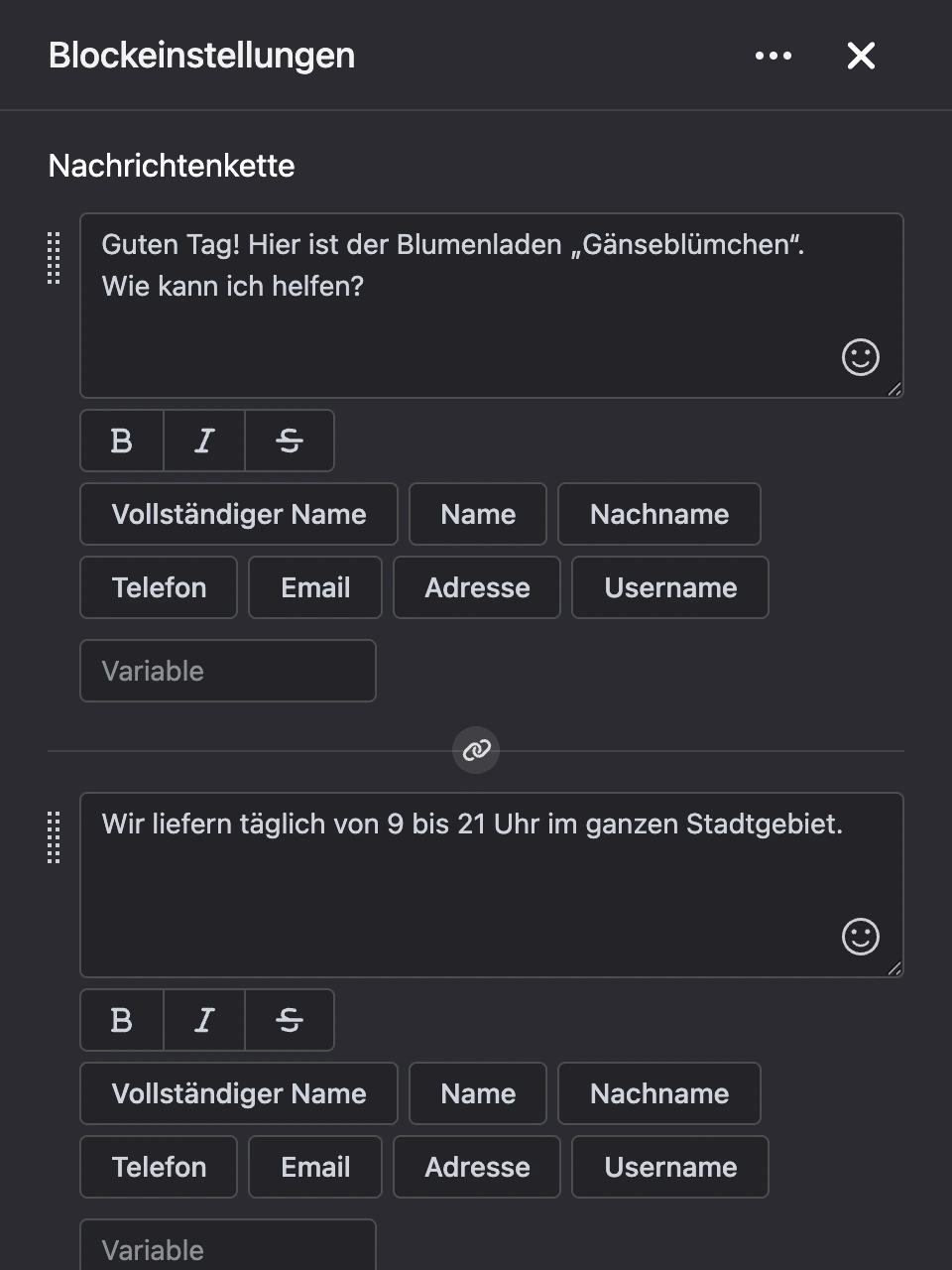 Einstellungspanel des Blocks „Nachrichtenkette“
