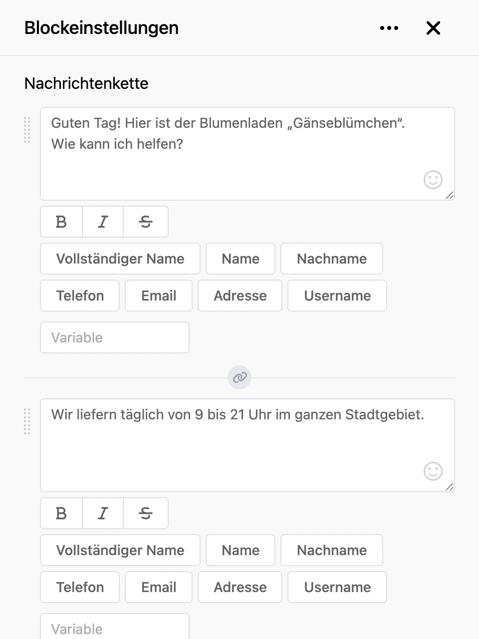 Einstellungspanel des Blocks „Nachrichtenkette“