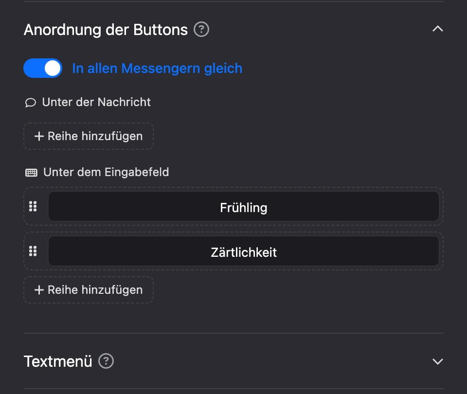 Unterbereich „Button-Anordnung“: Zonen „Unter der Nachricht“ und „Unter dem Eingabefeld“, Button-Reihen