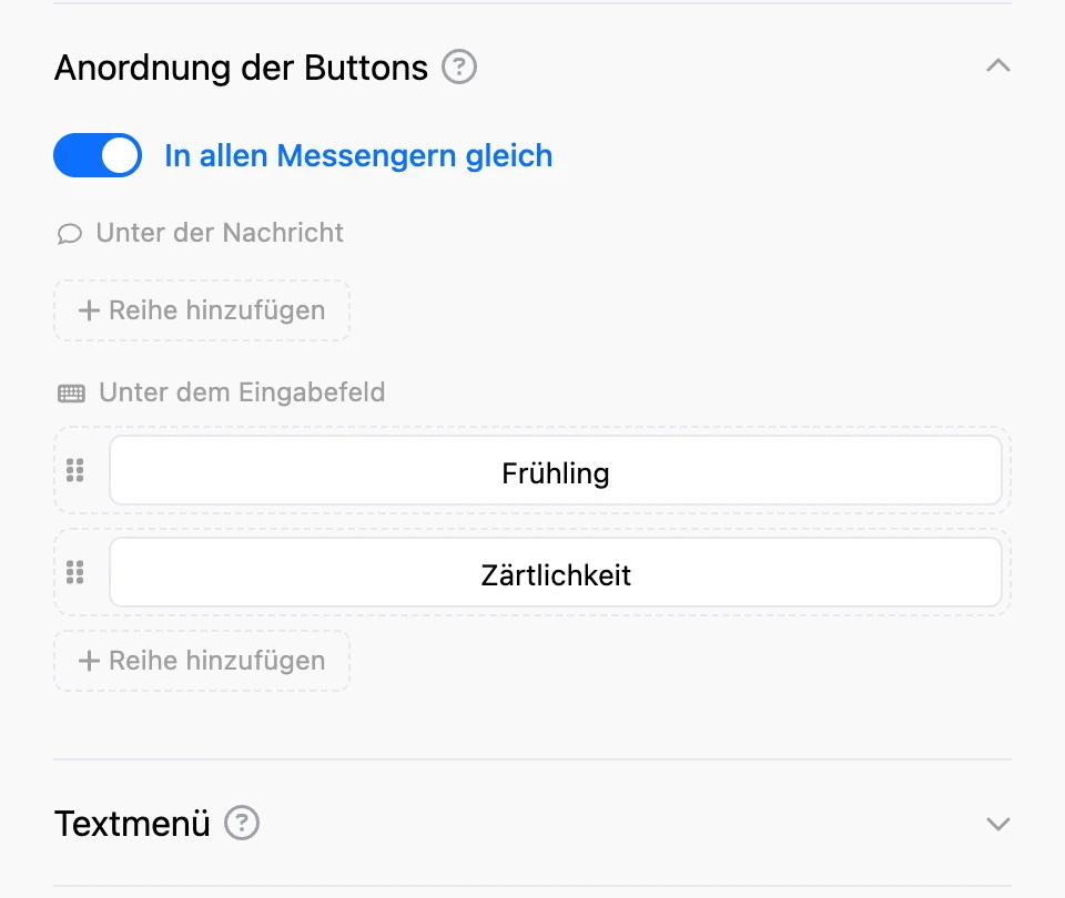 Unterbereich „Button-Anordnung“: Zonen „Unter der Nachricht“ und „Unter dem Eingabefeld“, Button-Reihen