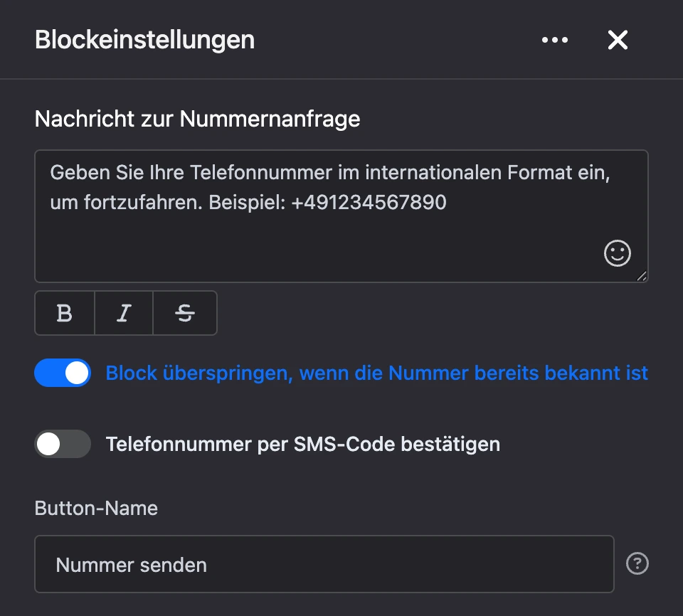 Einstellungspanel des Blocks „Telefonnummer anfordern“