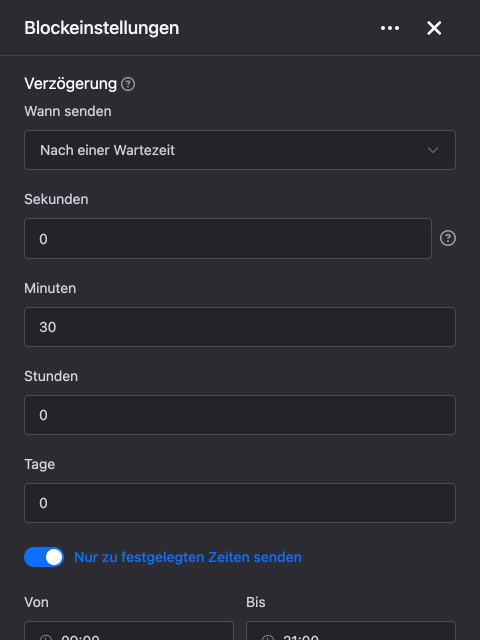 Einstellungspanel des Blocks „Verzögerung“