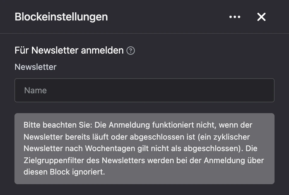 Einstellungspanel des Blocks „Für Newsletter anmelden“