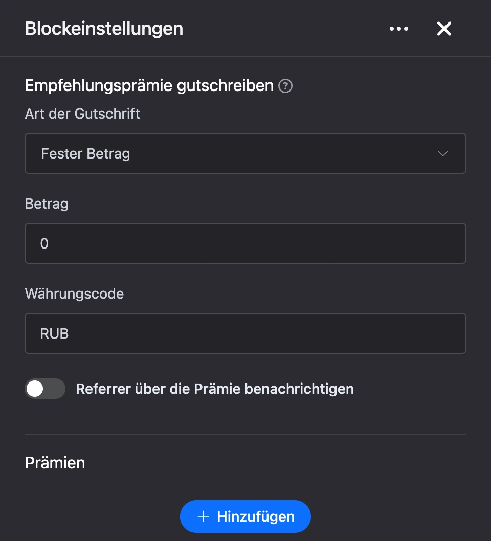 Einstellungspanel des Blocks „Empfehlungsprämie gutschreiben“