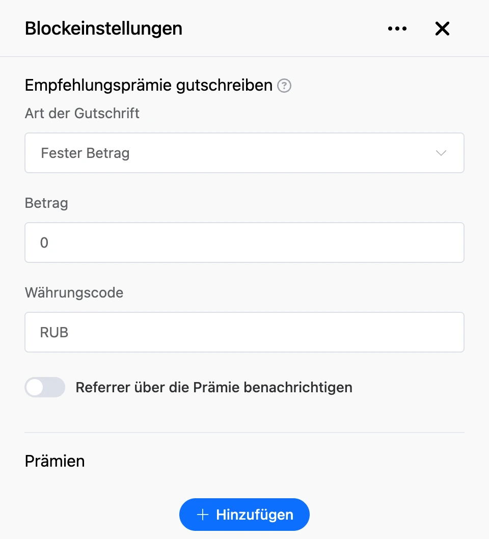 Einstellungspanel des Blocks „Empfehlungsprämie gutschreiben“