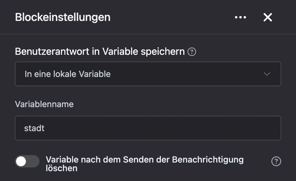 Einstellungspanel des Blocks „Benutzerantwort in Variable speichern“