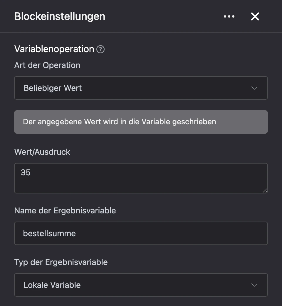 Block „Variablenoperation“: Die Bestellsumme wird in eine Variable geschrieben