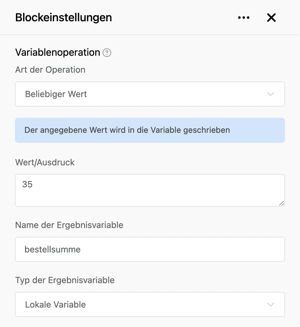 Block „Variablenoperation“: Die Bestellsumme wird in eine Variable geschrieben