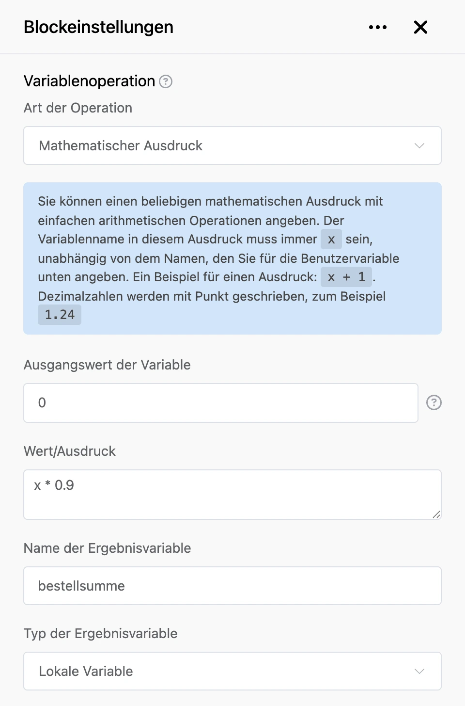 Block „Variablenoperation“: 10 % Rabatt auf die Bestellsumme mit dem Ausdruck x * 0.9