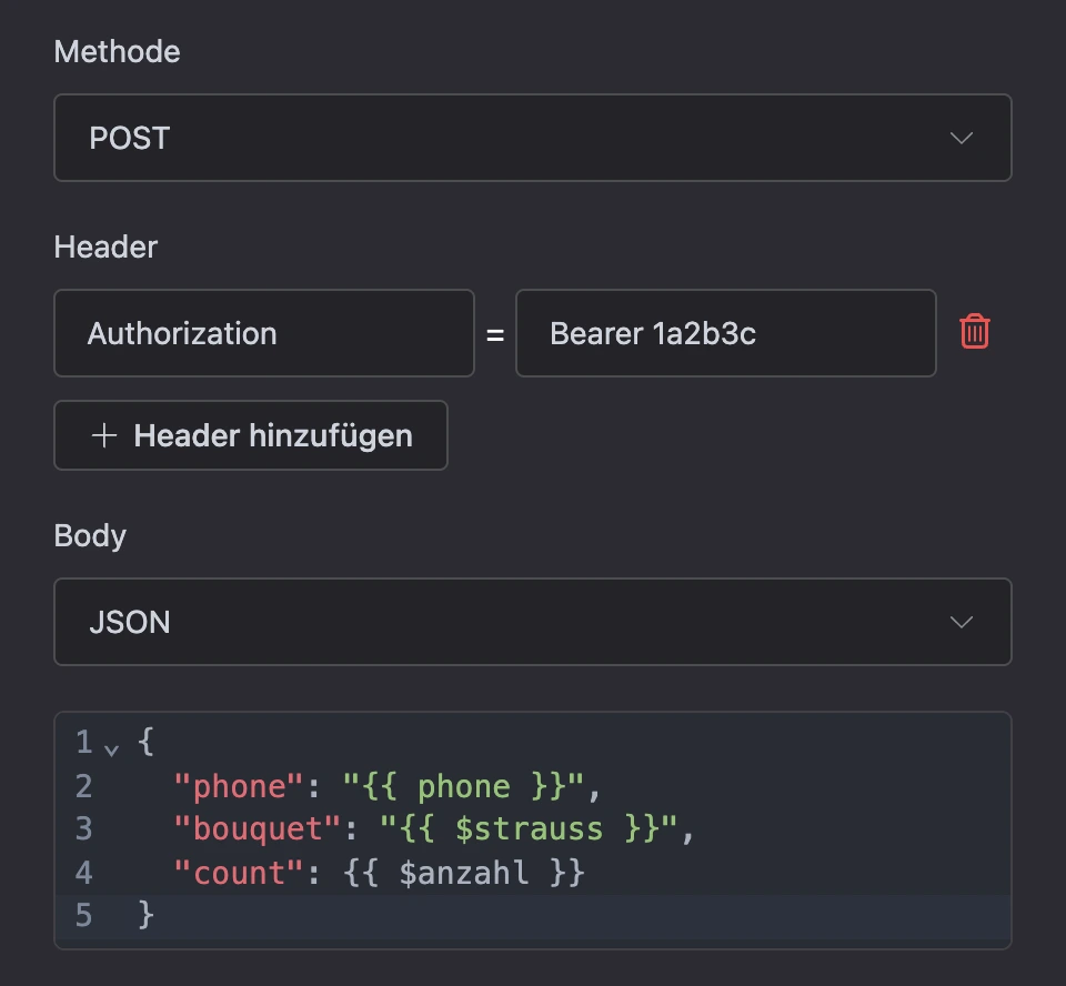 POST-Anfrage mit Authorization-Header und JSON-Body mit Platzhaltern