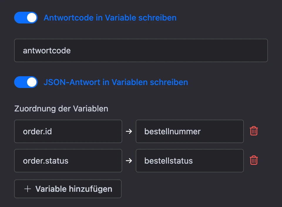 Antwortcode in eine Variable, JSON-Antwort in Variablen: order.id und order.status