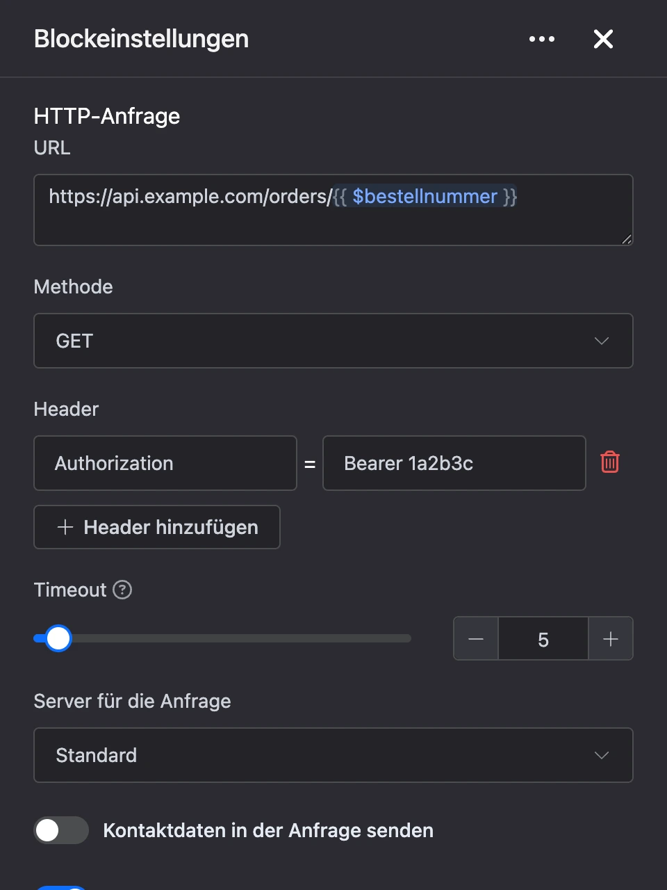 Einstellungspanel des Blocks „HTTP-Anfrage“