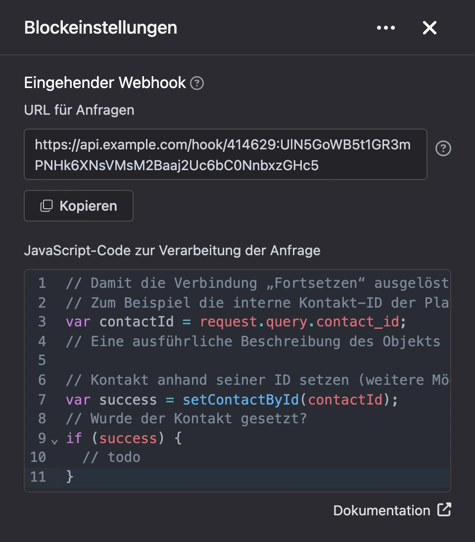 Einstellungspanel des Blocks „Eingehender Webhook“