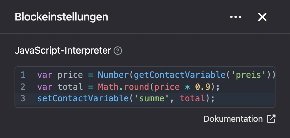 Einstellungspanel des Blocks „JavaScript-Interpreter“