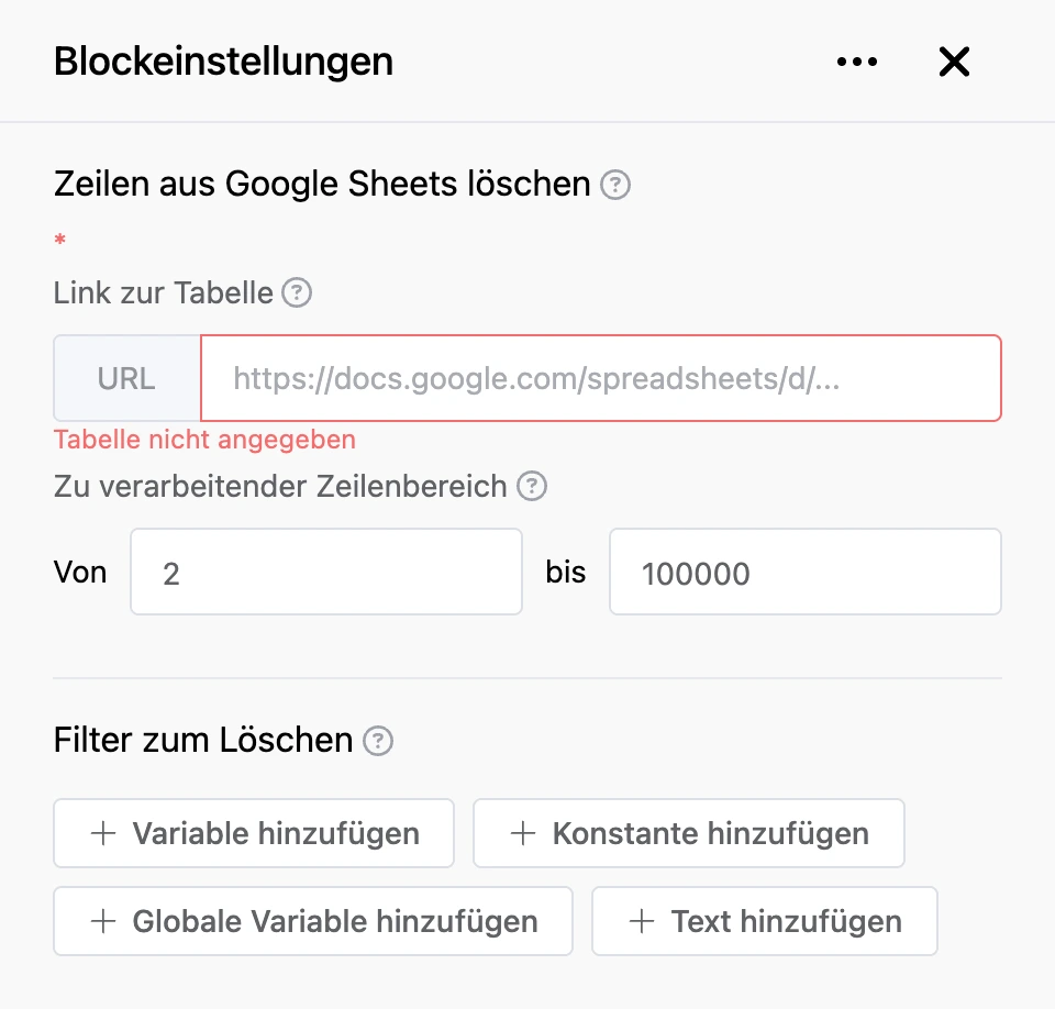 Einstellungspanel des Blocks „Zeilen aus Google Sheets löschen“