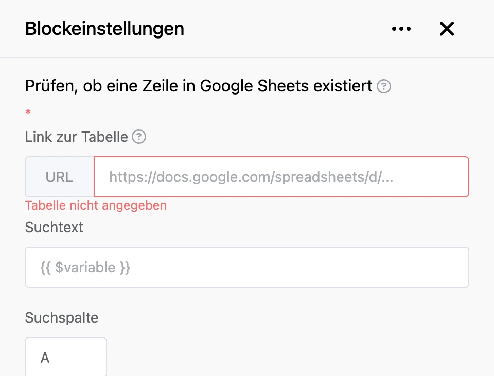 Einstellungspanel des Blocks „Prüfen, ob eine Zeile in Google Sheets existiert“
