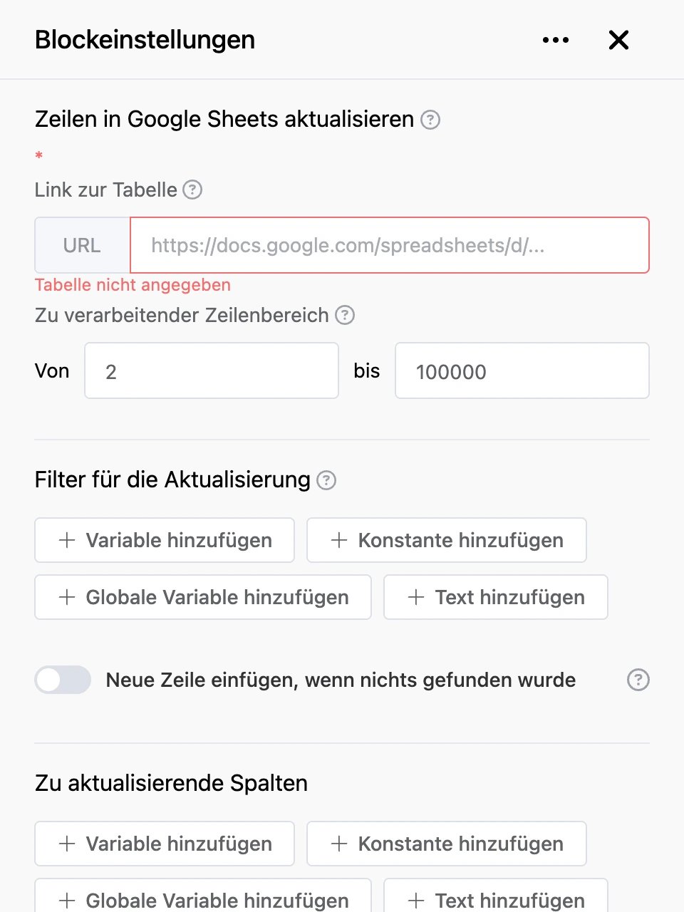 Einstellungspanel des Blocks „Zeilen in Google Sheets aktualisieren“
