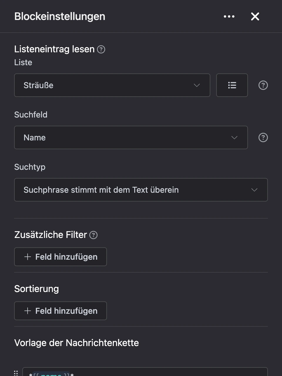 Einstellungspanel des Blocks „Listeneintrag lesen“