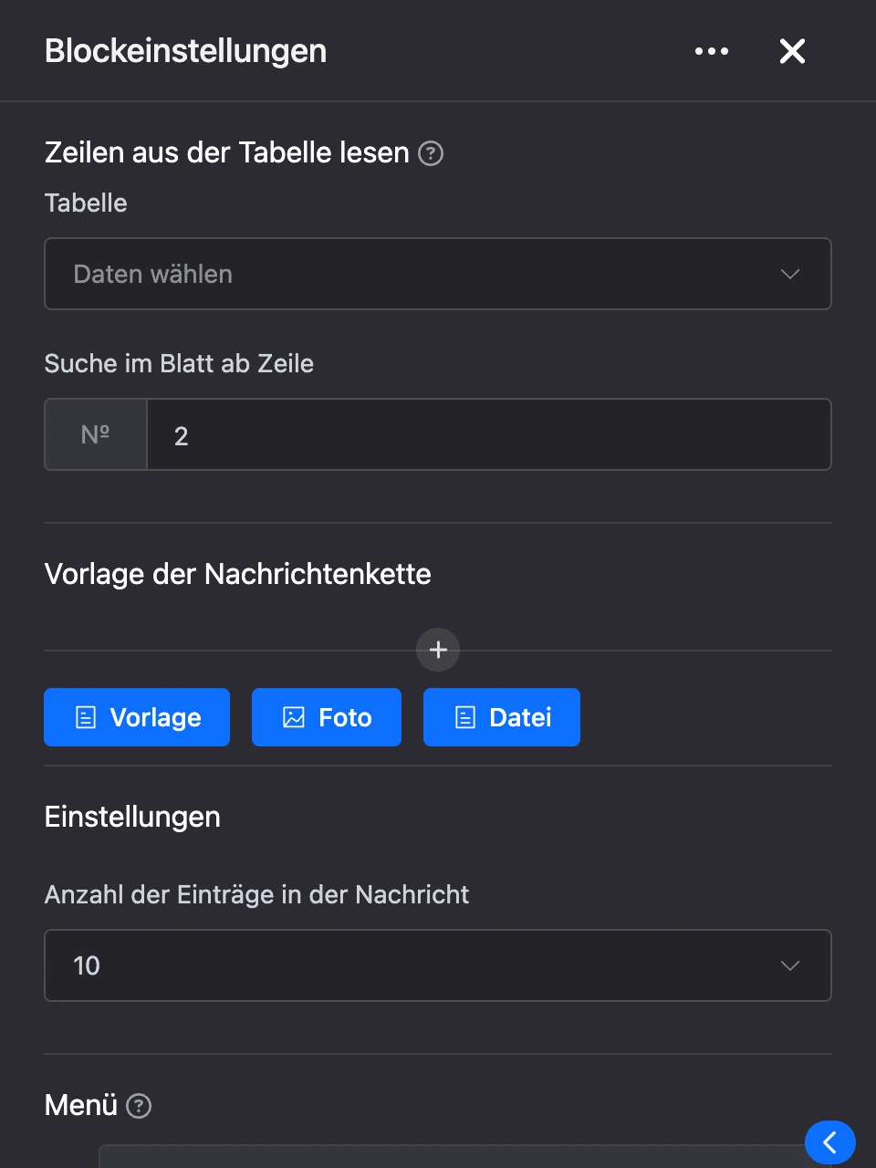 Einstellungspanel des Blocks „Zeilen aus der Tabelle lesen“