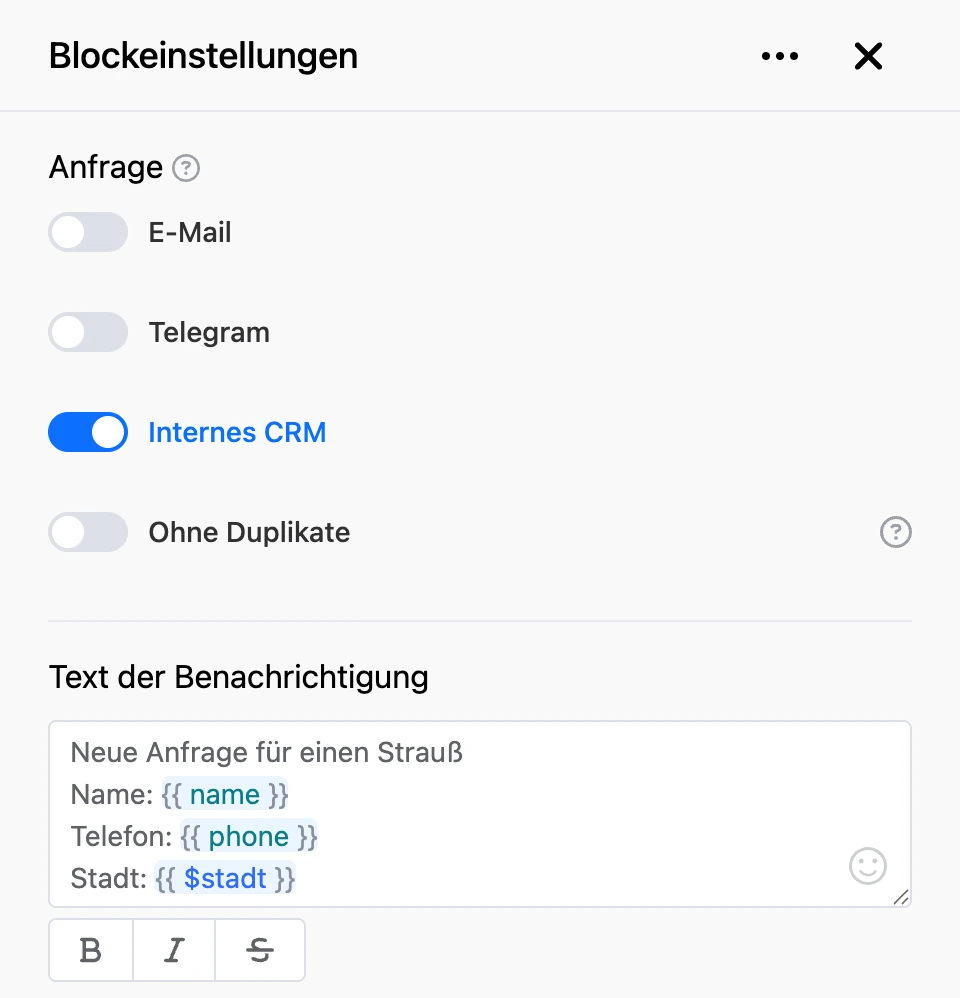 Einstellungspanel des Blocks „Anfrage“