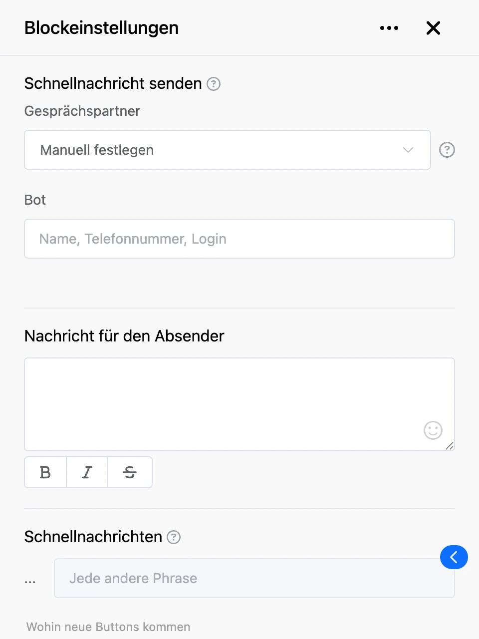 Einstellungspanel des Blocks „Schnellnachricht senden“