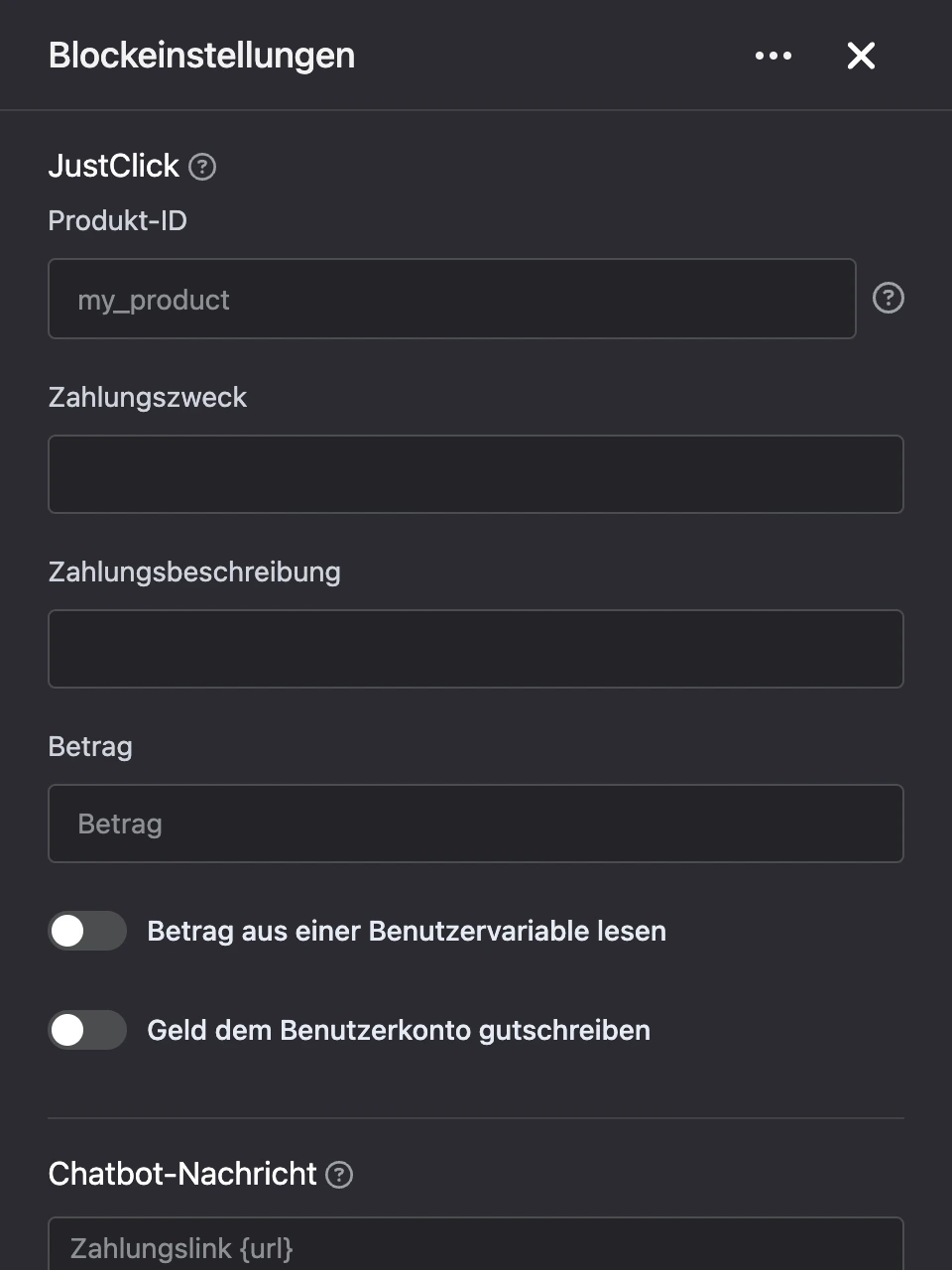 Einstellungspanel des Blocks „JustClick“