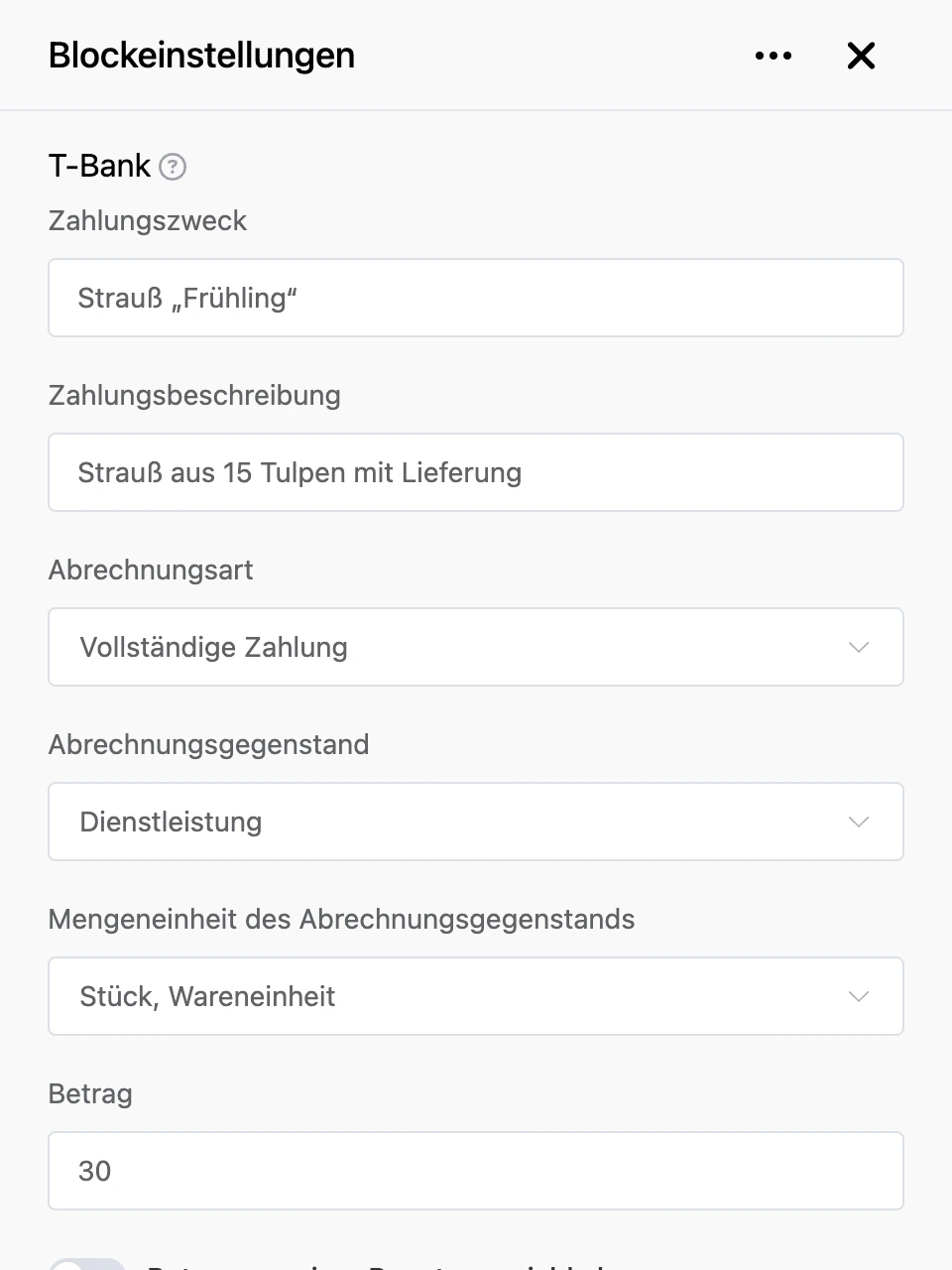 Einstellungspanel des Blocks „T-Bank“