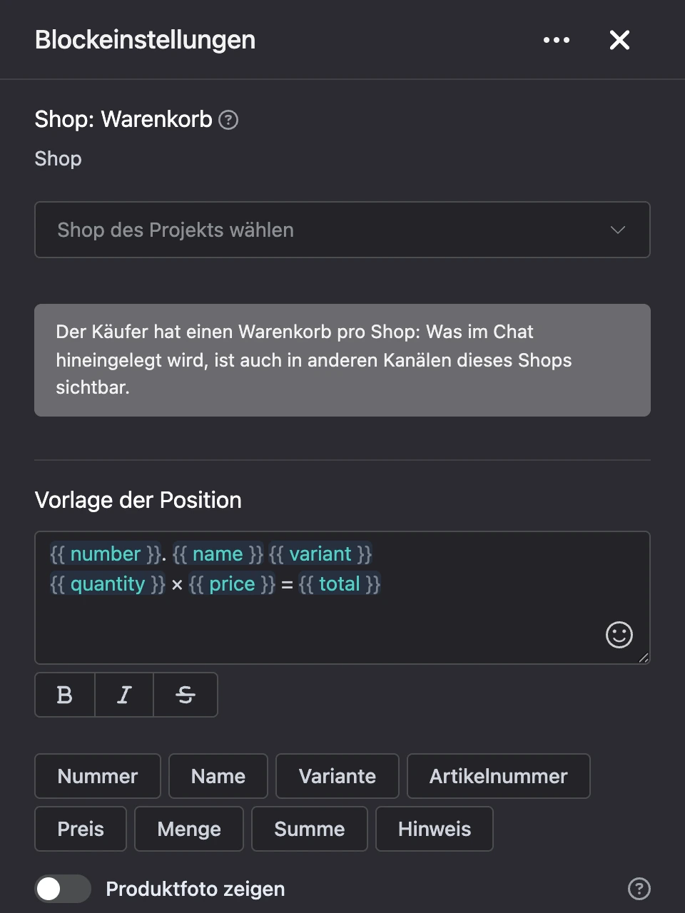 Einstellungspanel des Blocks „Shop: Warenkorb“