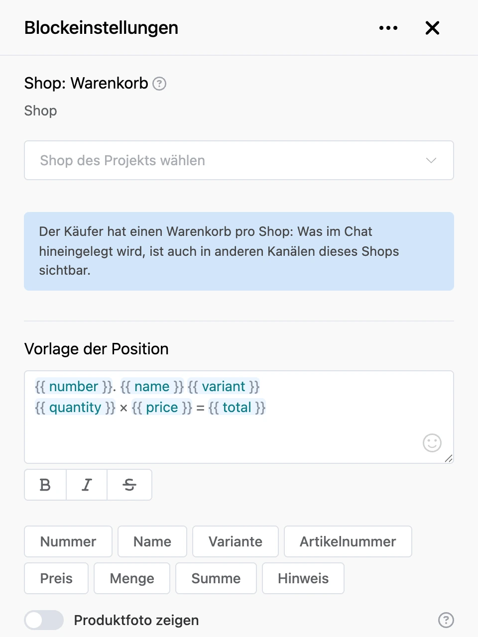 Einstellungspanel des Blocks „Shop: Warenkorb“