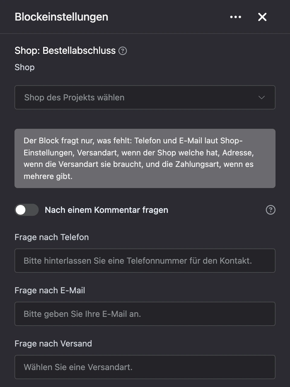 Einstellungspanel des Blocks „Shop: Bestellabschluss“