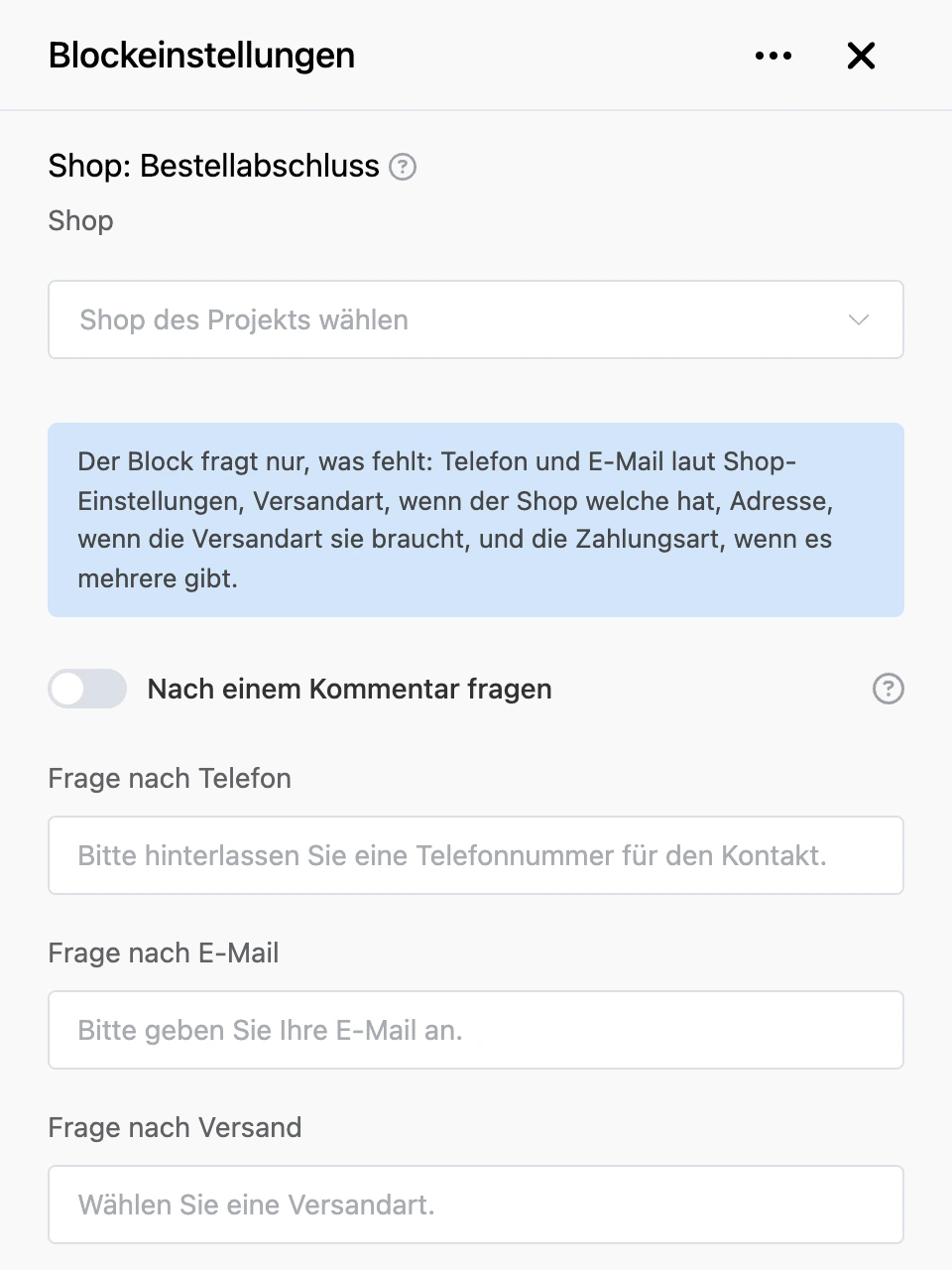 Einstellungspanel des Blocks „Shop: Bestellabschluss“
