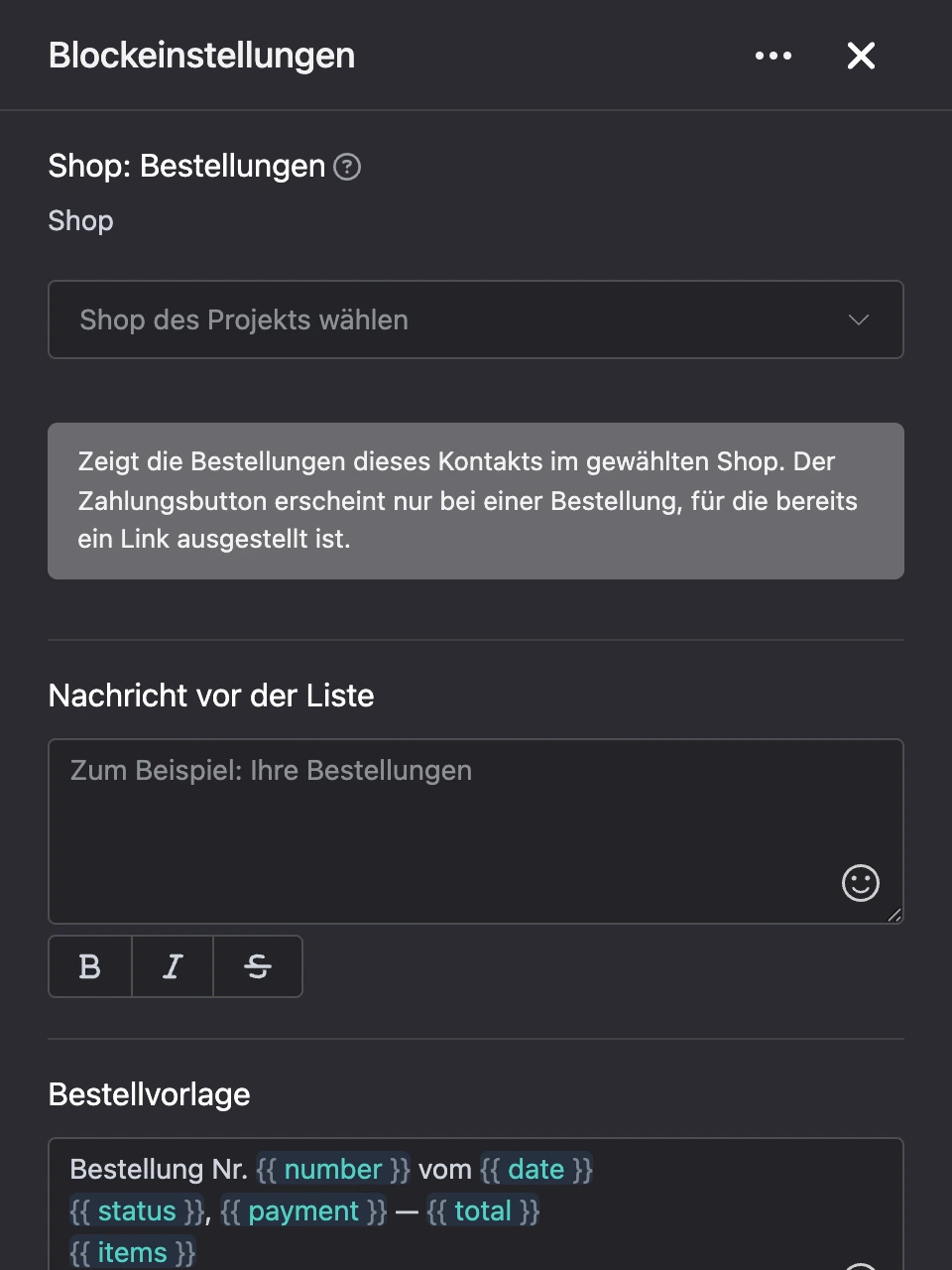 Einstellungspanel des Blocks „Shop: Bestellungen“