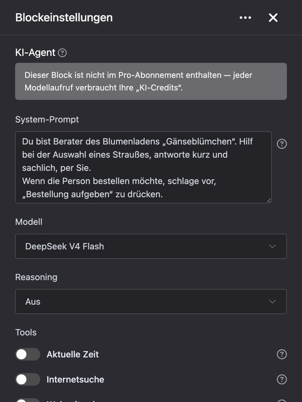 Einstellungspanel des Blocks „KI-Agent“: System-Prompt, Modell und Tools