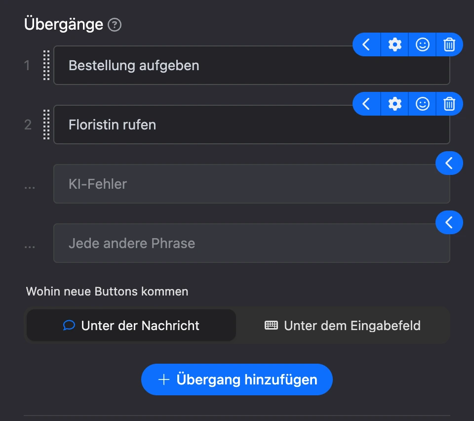 Bereich „Übergänge“: „Bestellung aufgeben“ und „Floristin rufen“, darunter „KI-Fehler“ und „Beliebige andere Phrase“