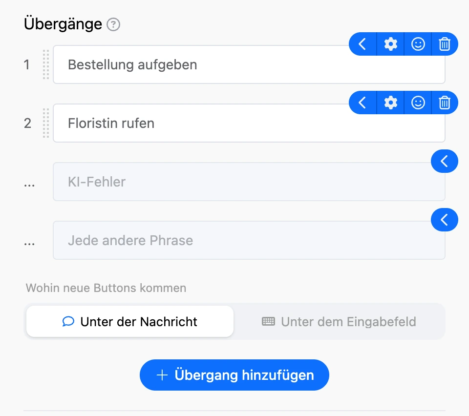Bereich „Übergänge“: „Bestellung aufgeben“ und „Floristin rufen“, darunter „KI-Fehler“ und „Beliebige andere Phrase“