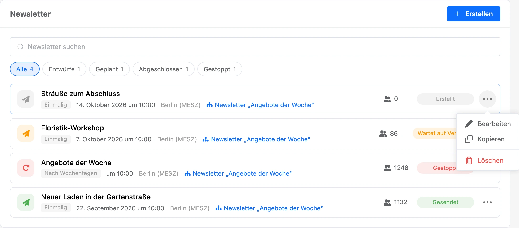 Newsletter-Liste mit geöffnetem Menü „⋯“: bearbeiten, kopieren, löschen