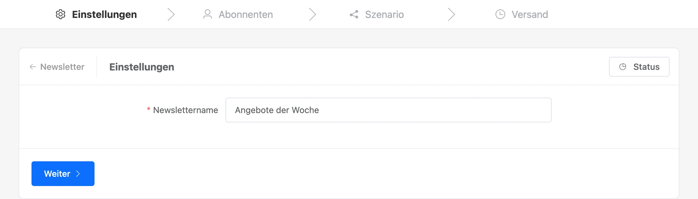 Schritt Einstellungen: Name des Newsletters