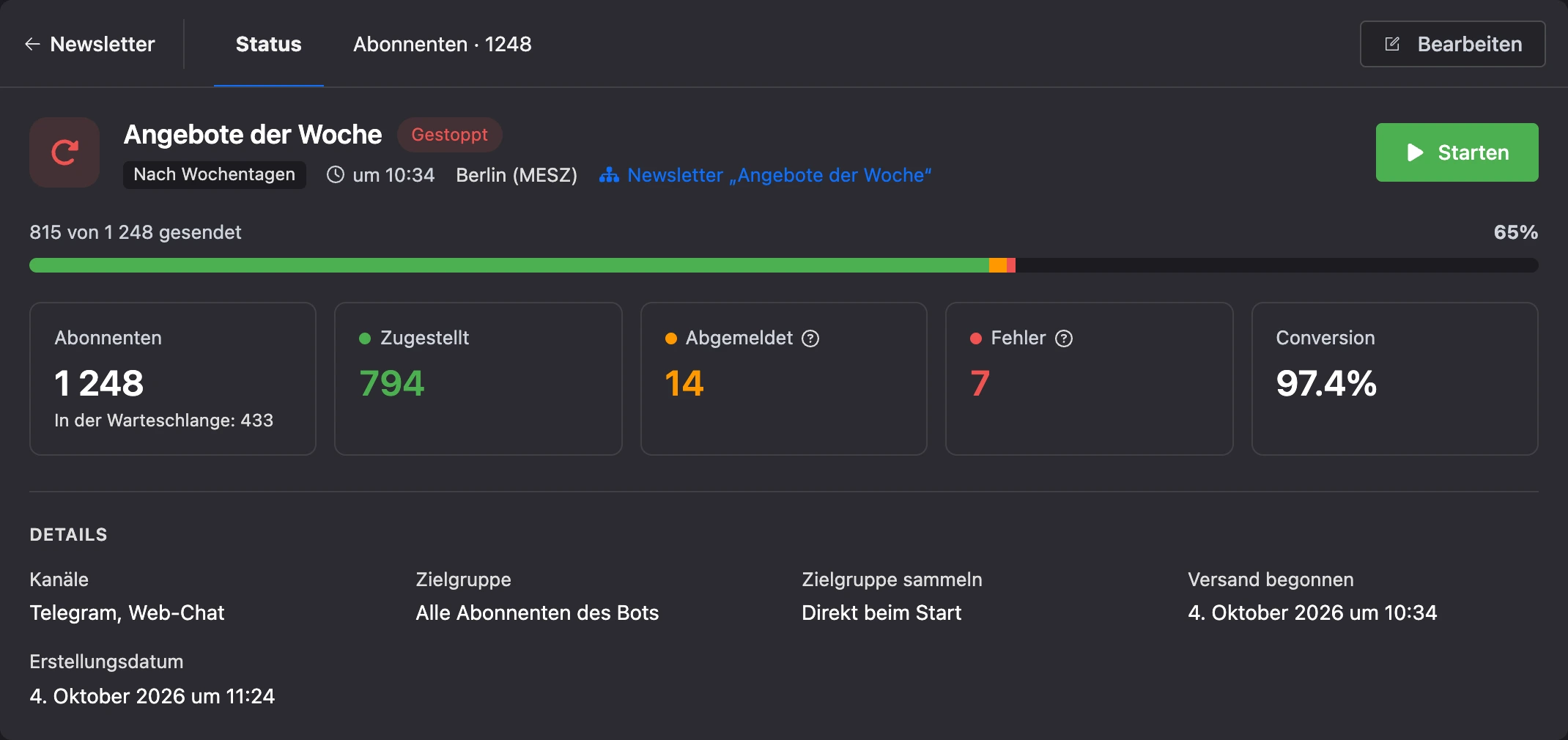 Gestoppter Newsletter: 815 von 1.248 gesendet, Button „Starten“
